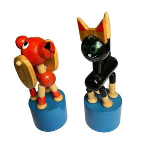 Vintage Wooden figuring Toys Black Cat and Red Dog Old Rare Kid Toy